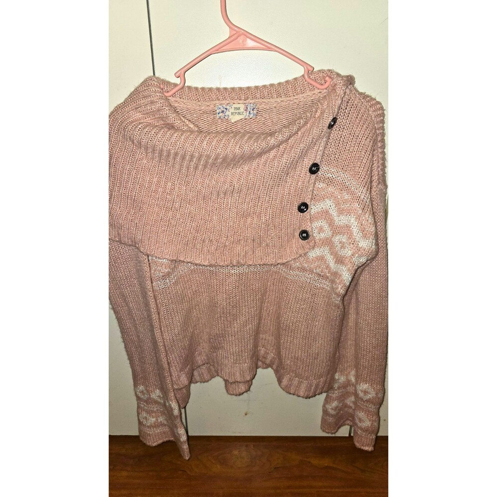 Pink Republic Fair Isle Cowl Neck Long Sleeve Button Knit Sweater M Pink